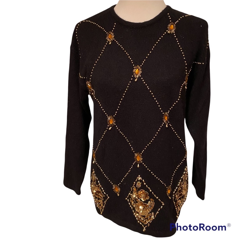 KAREN SCOTT SWEATER CREWNECK BLACK GOLD BEADS SEQUINS VINTAGE SIZE SP PETITE